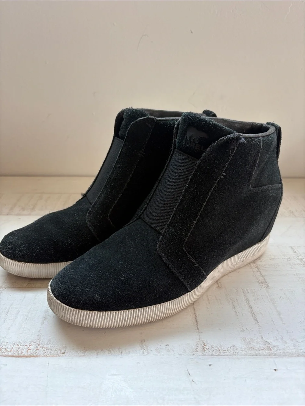 Sorel Black Suede Slip-On Wedge Sneakers